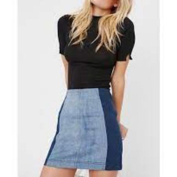 NWT Free People Denim Blue Colorblock Mini Skirt Size 12 - Picture 1 of 9